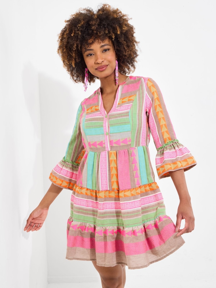 Joe Browns Pink Boho Jacquard Flared Sleeve Tunic Mini Dress - Image 1 of 5