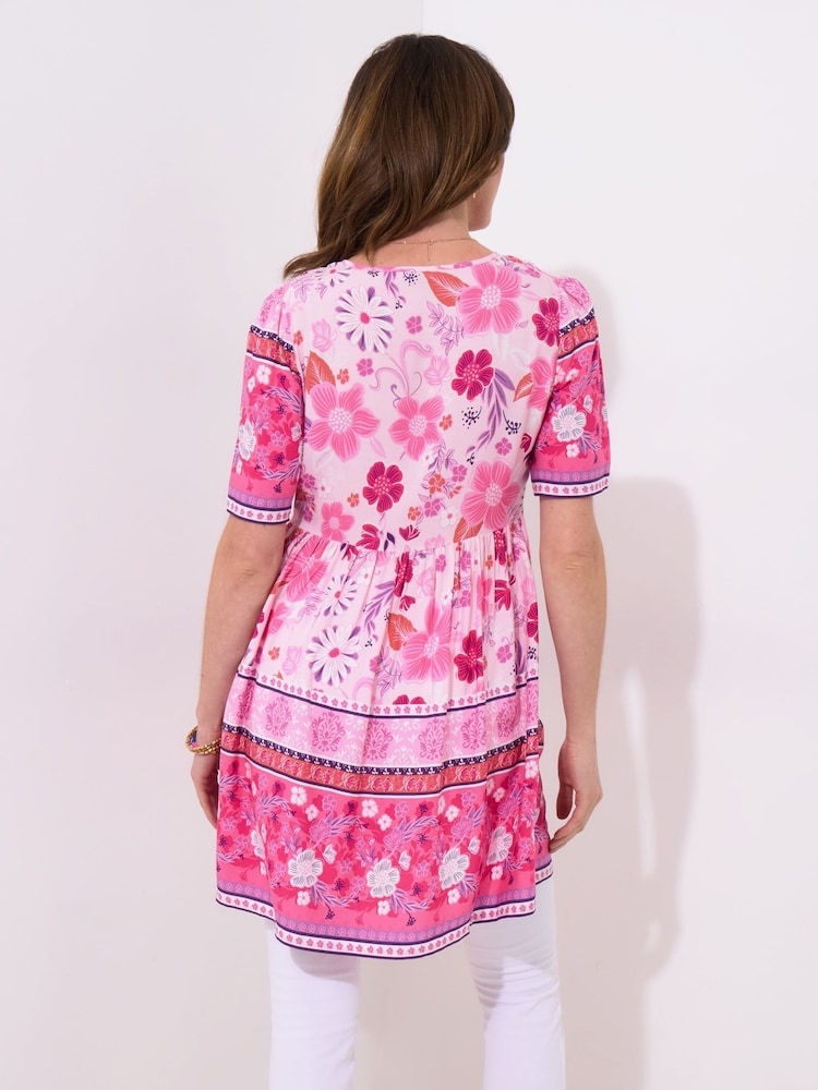 Joe Browns Pink Floral Contrast Border Print Short Sleeve Relaxed Tunic - Image 2 of 5