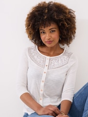 Joe Browns Cream Lace Panel Button Down Jersey Top - Image 1 of 5