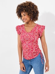 Joe Browns Red Ruffle Sleeve Rouched Side 100% Cotton Jersey Top - Image 1 of 5