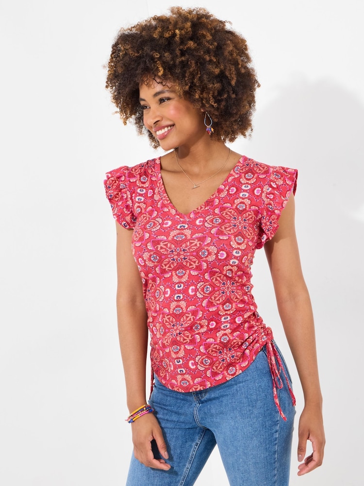 Joe Browns Red Ruffle Sleeve Rouched Side 100% Cotton Jersey Top - Image 1 of 5