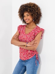 Joe Browns Red Ruffle Sleeve Rouched Side 100% Cotton Jersey Top - Image 3 of 5
