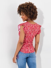 Joe Browns Red Ruffle Sleeve Rouched Side 100% Cotton Jersey Top - Image 4 of 5