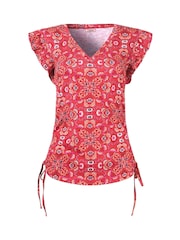 Joe Browns Red Ruffle Sleeve Rouched Side 100% Cotton Jersey Top - Image 5 of 5