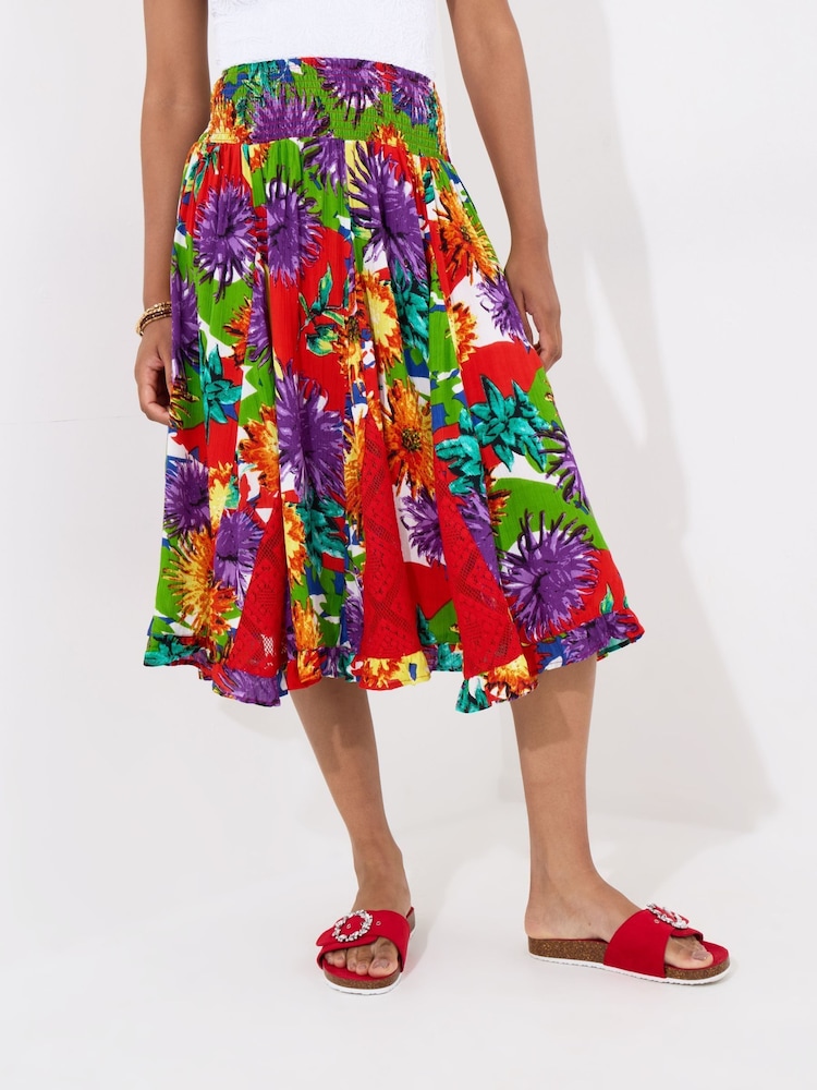 Joe Browns Red Bright Floral Godet Panel Midi Skirt - Image 1 of 5