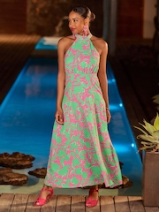 Joe Browns Green Petite Flattering Abstract Floral Print Halterneck Maxi Dress - Image 1 of 7