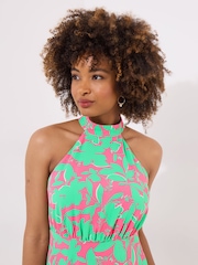 Joe Browns Green Petite Flattering Abstract Floral Print Halterneck Maxi Dress - Image 3 of 7