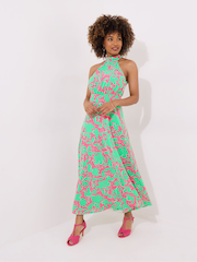 Joe Browns Green Petite Flattering Abstract Floral Print Halterneck Maxi Dress - Image 5 of 7