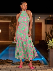 Joe Browns Green Petite Flattering Abstract Floral Print Halterneck Maxi Dress - Image 6 of 7