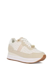 Dune London Cream Escapade Mix Material Platform Trainers - Image 2 of 6