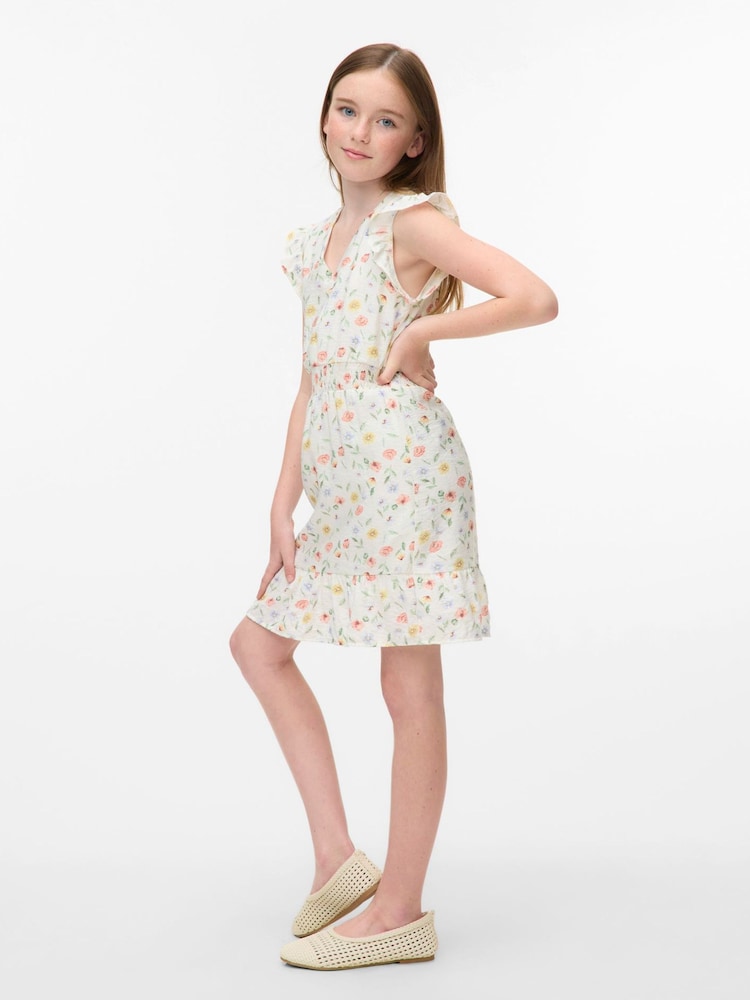 VERO MODA White Floral Frill Short Dress - Image 1 of 4 VERO MODA White Floral Frill Short Dress - Image 1 of 4