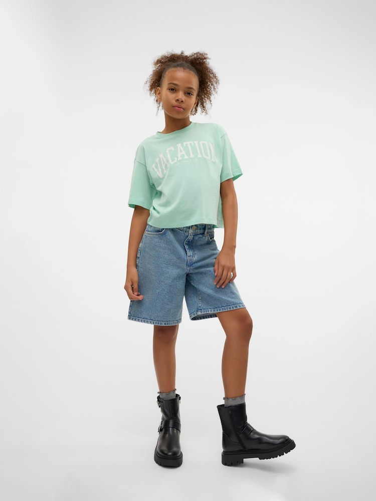 VERO MODA Green Short Sleeve Logo Cropped Jersey Top - Image 1 of 1