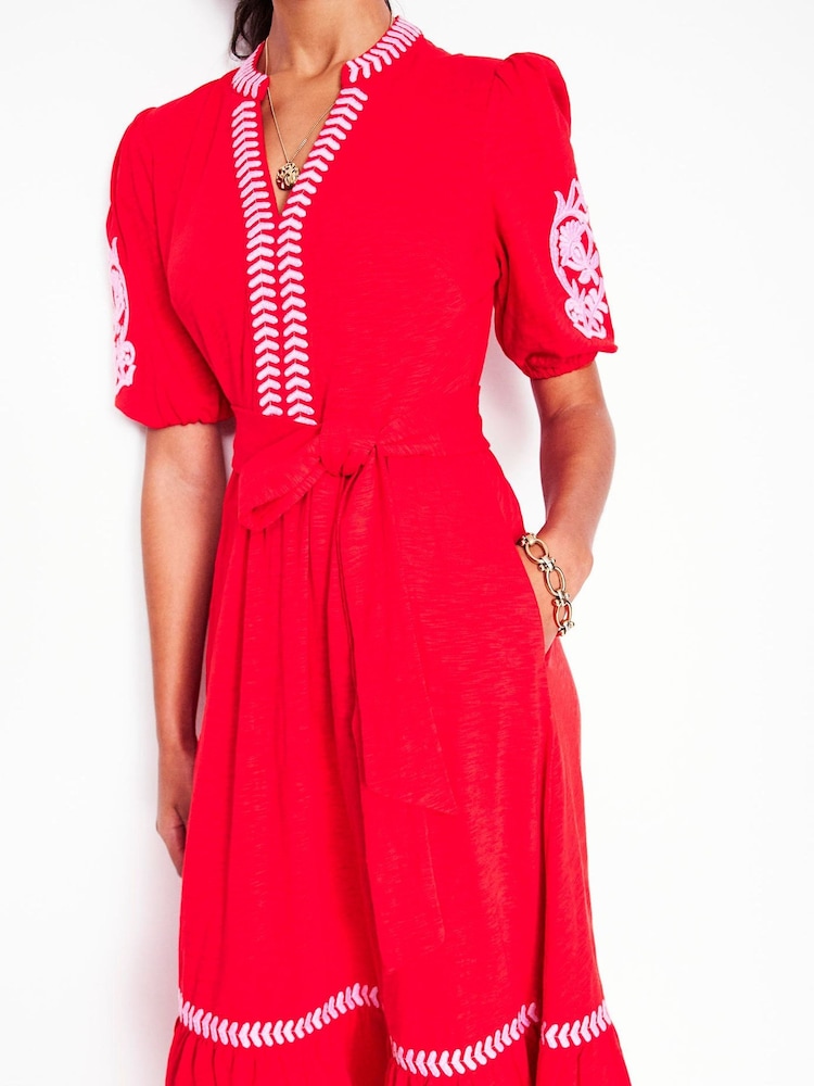 Boden Red 100% Cotton Amara Embroidered Jersey Dress - Image 2 of 5