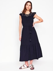 Boden Blue Navy Juliet Broderie 100% Cotton Midi Dress - Image 5 of 6