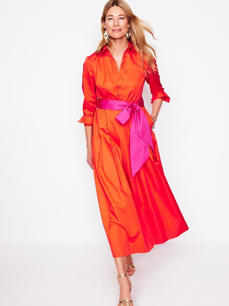 Boden Red Maxi Pleated 100% Cotton Shirt Dress - Image 4 of 6