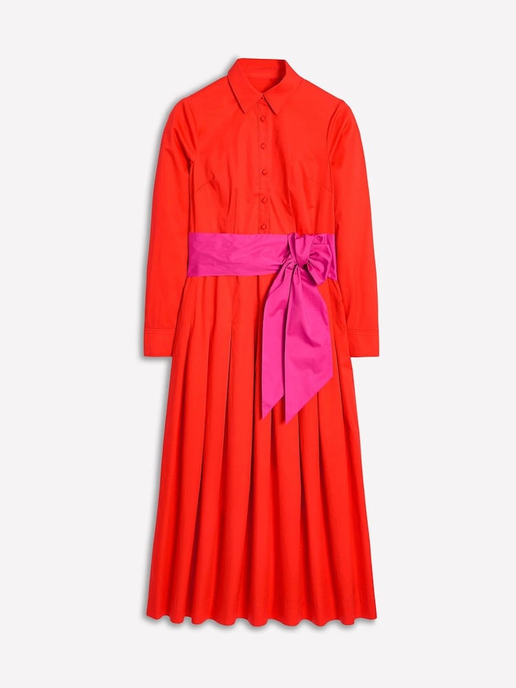 Boden Red Maxi Pleated 100% Cotton Shirt Dress - Image 6 of 6