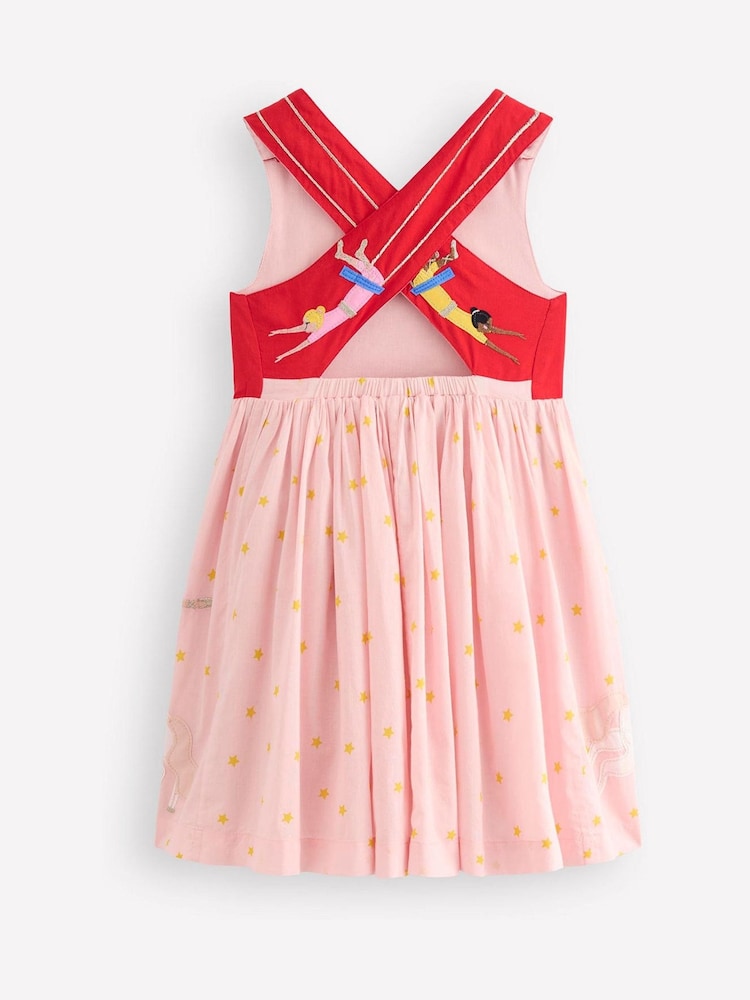 Boden Red Zadie Embroidered Acrobats Appliqué Back 100% Cotton Dress - Image 3 of 4
