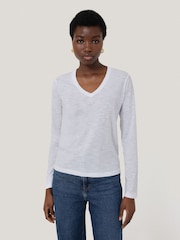 Jigsaw White 100% Cotton Slub V-Neck Long Sleeve T-Shirt - Image 1 of 5