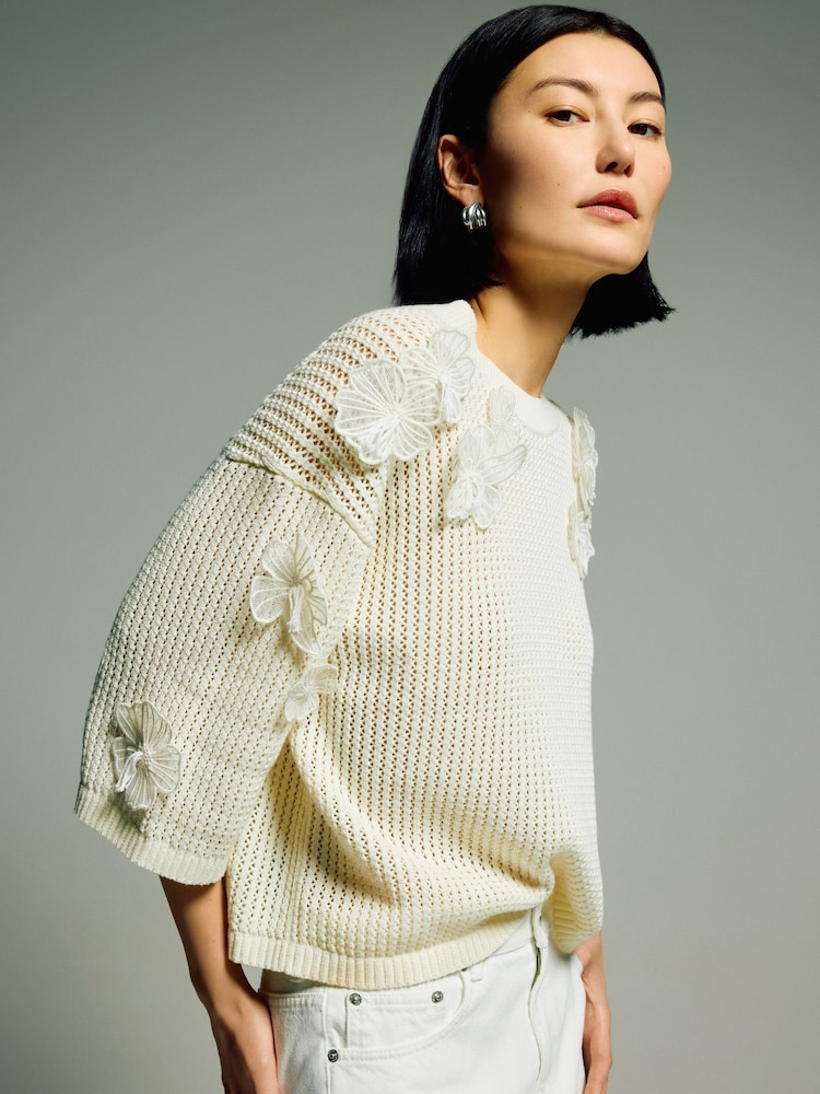 Jigsaw Cream 100% Cotton Floral Applique Knit Top - Image 1 of 7