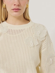 Jigsaw Cream 100% Cotton Floral Applique Knit Top - Image 2 of 7