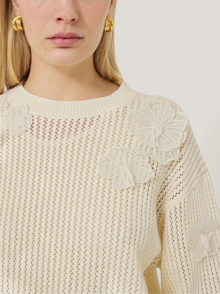 Jigsaw Cream 100% Cotton Floral Applique Knit Top - Image 2 of 7