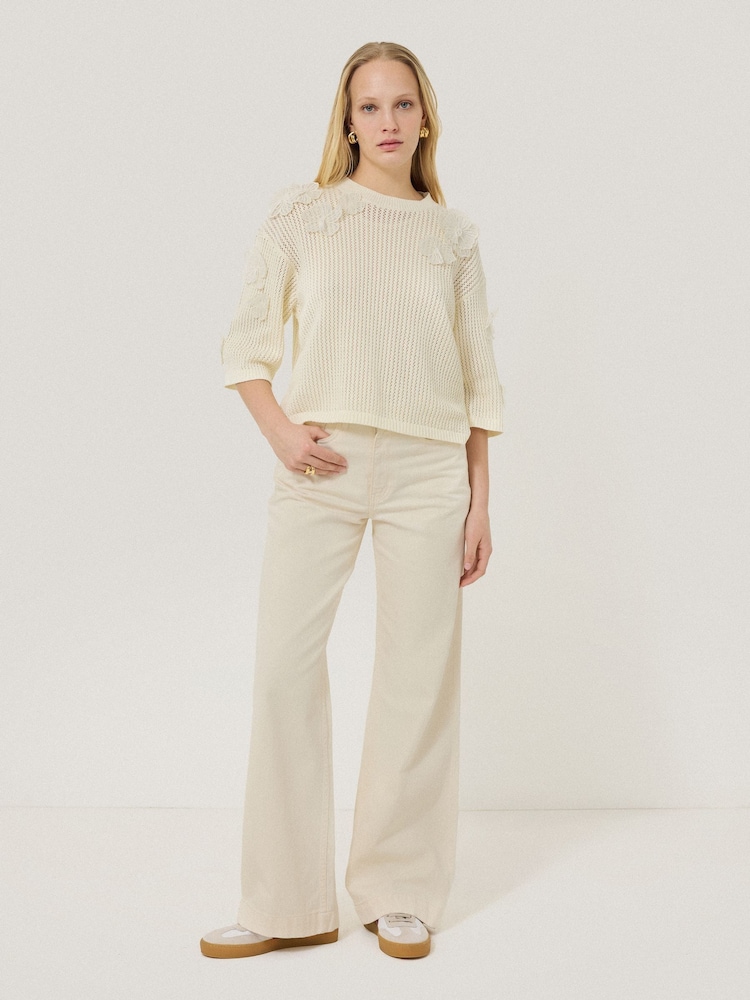 Jigsaw Cream 100% Cotton Floral Applique Knit Top - Image 3 of 7