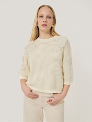 Jigsaw Cream 100% Cotton Floral Applique Knit Top - Image 4 of 7