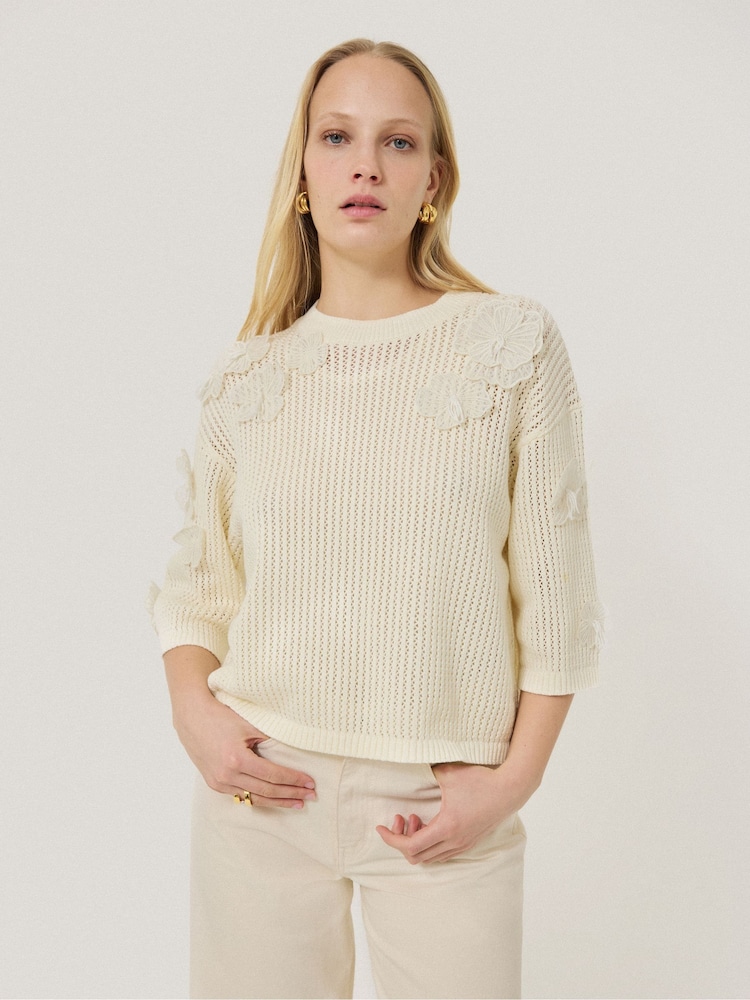 Jigsaw Cream 100% Cotton Floral Applique Knit Top - Image 4 of 7