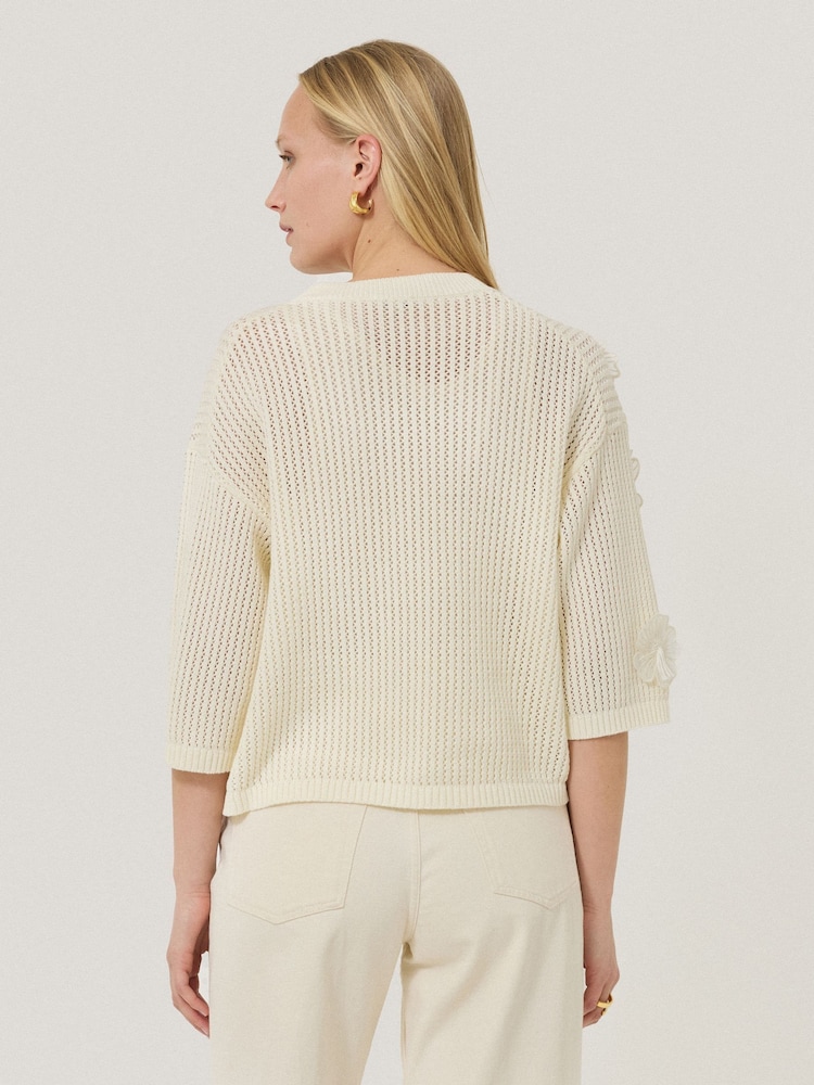 Jigsaw Cream 100% Cotton Floral Applique Knit Top - Image 5 of 7