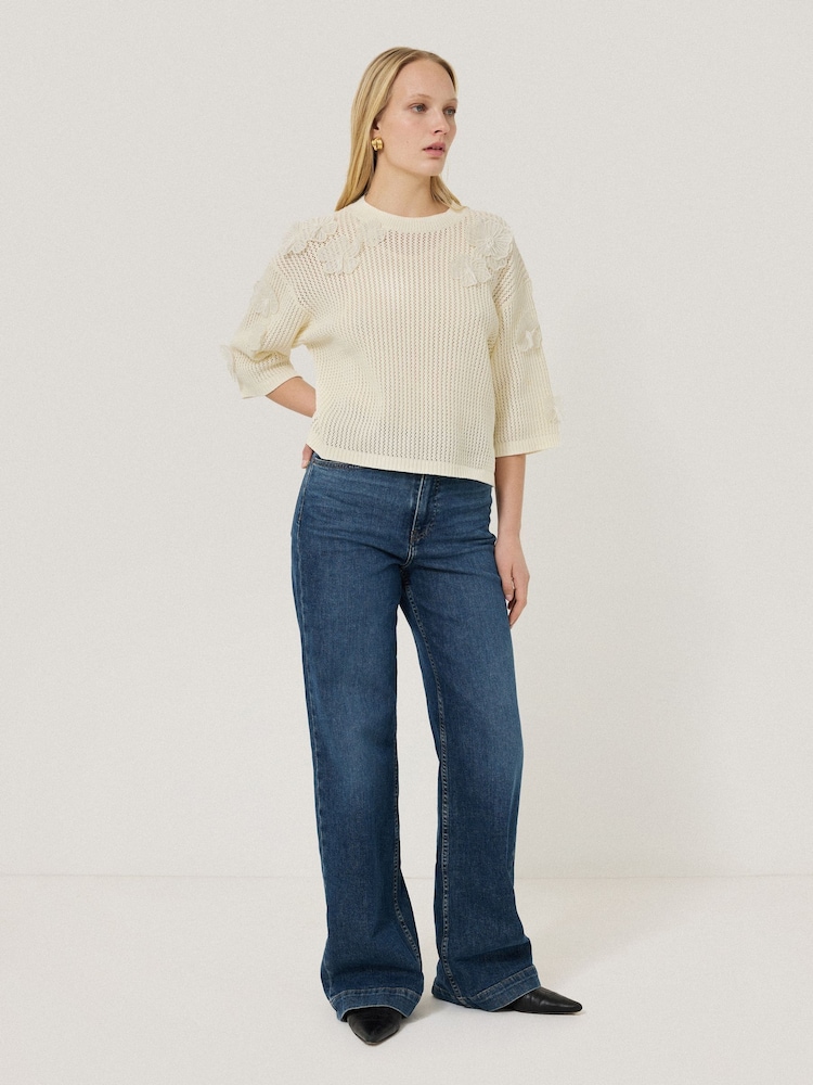 Jigsaw Cream 100% Cotton Floral Applique Knit Top - Image 6 of 7