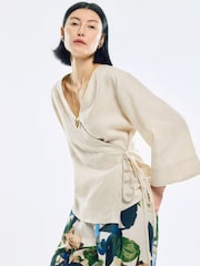 Jigsaw Cream 100% Linen Wrap Front Top - Image 1 of 7