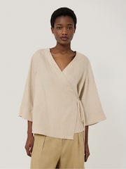 Jigsaw Cream 100% Linen Wrap Front Top - Image 2 of 7
