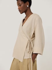 Jigsaw Cream 100% Linen Wrap Front Top - Image 4 of 7