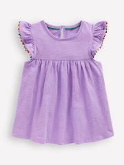 Boden Purple Frill Sleeve 100% Cotton Pom Top - Image 1 of 3