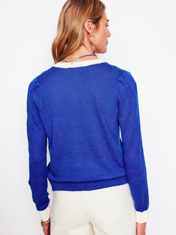 Boden Blue Liv V-Neck 100% Linen Cardigan - Image 3 of 6