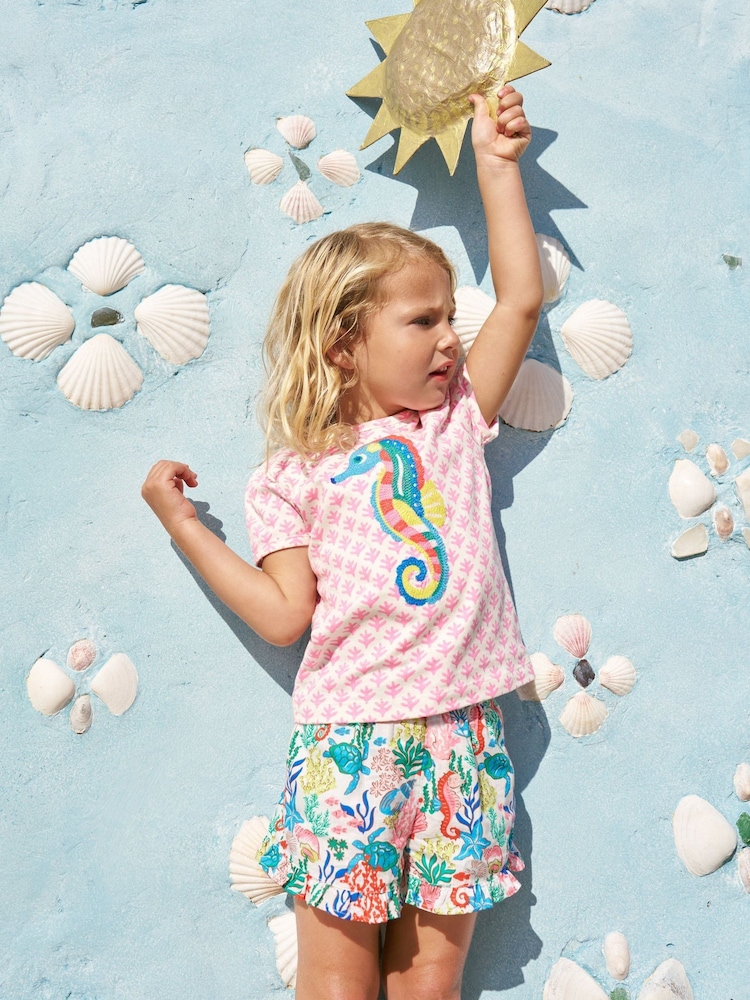 Boden Light Pink Seahorse Puff Sleeve Superstitch 100% Cotton T-Shirt - Image 1 of 4 Boden Light Pink Seahorse Puff Sleeve Superstitch 100% Cotton T-Shirt - Image 1 of 4