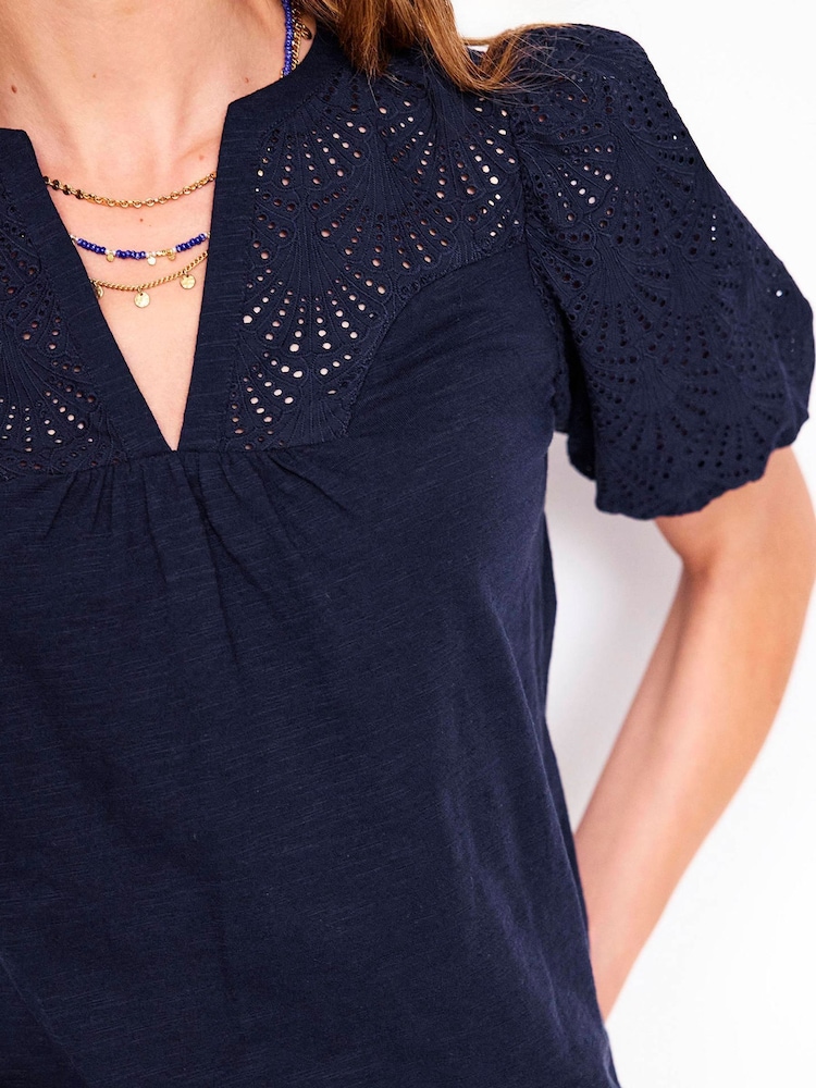Boden Blue Dolly Broderie 100% Cotton Top - Image 2 of 5