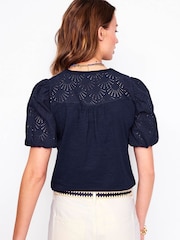 Boden Blue Dolly Broderie 100% Cotton Top - Image 3 of 5
