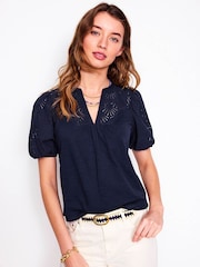 Boden Blue Dolly Broderie 100% Cotton Top - Image 4 of 5