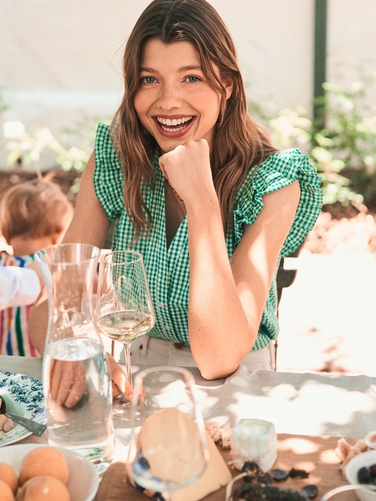 Boden Green Frill Sleeve Seersucker 100% Cotton Top - Image 1 of 6