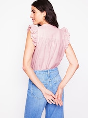 Boden Pink Frill Sleeve Seersucker 100% Cotton Top - Image 4 of 5