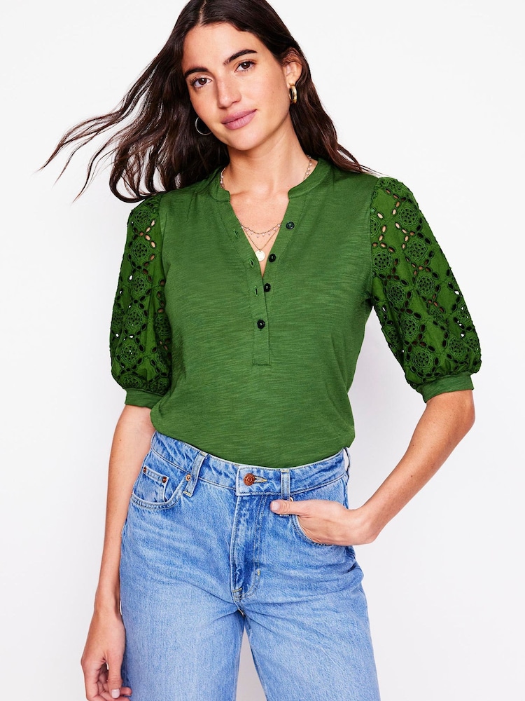 Boden Green Eden Puff Sleeve Henley Top - Image 1 of 5
