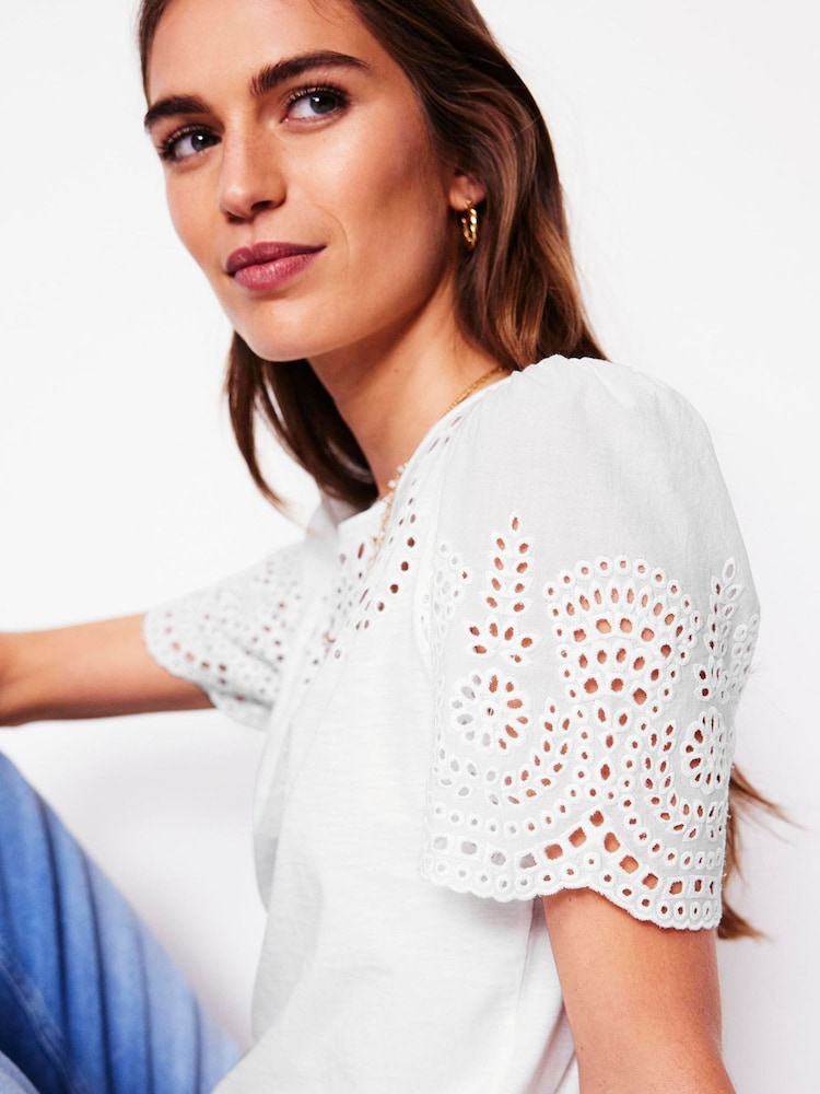 Boden White Isabel Broderie 100% Cotton Top - Image 5 of 5