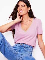Boden Purple Metallic Trim V-Neck T-Shirt - Image 1 of 5