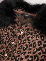 Leopard Faux Fur Collar Knitted Mini Dress - Image 2 of 3