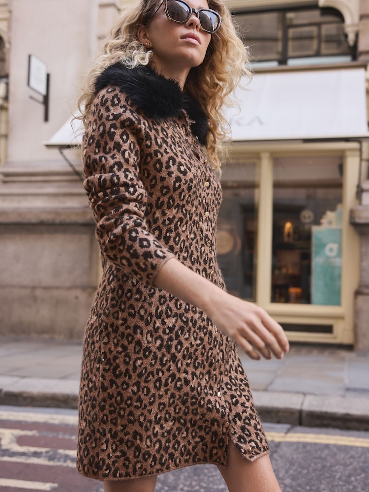 Buy Leopard Faux Fur Collar Knitted Mini Jumper Dress from Next USA