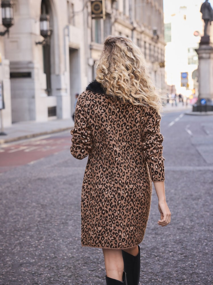 Womens Next Leopard Faux Fur Collar Knitted Mini Jumper Dress XS Reg (US 2)