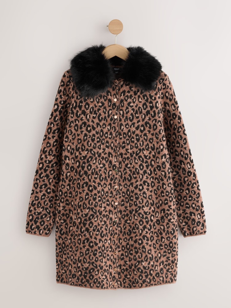 Womens Next Leopard Faux Fur Collar Knitted Mini Jumper Dress XS Reg (US 2)