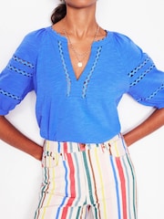 Boden Blue Maisy Rikrak Trim 100% Cotton Top - Image 3 of 6