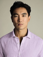 Charles Tyrwhitt Purple Slim Fit Slim Fit Plain Pure 100% Linen Shirt - Image 2 of 6